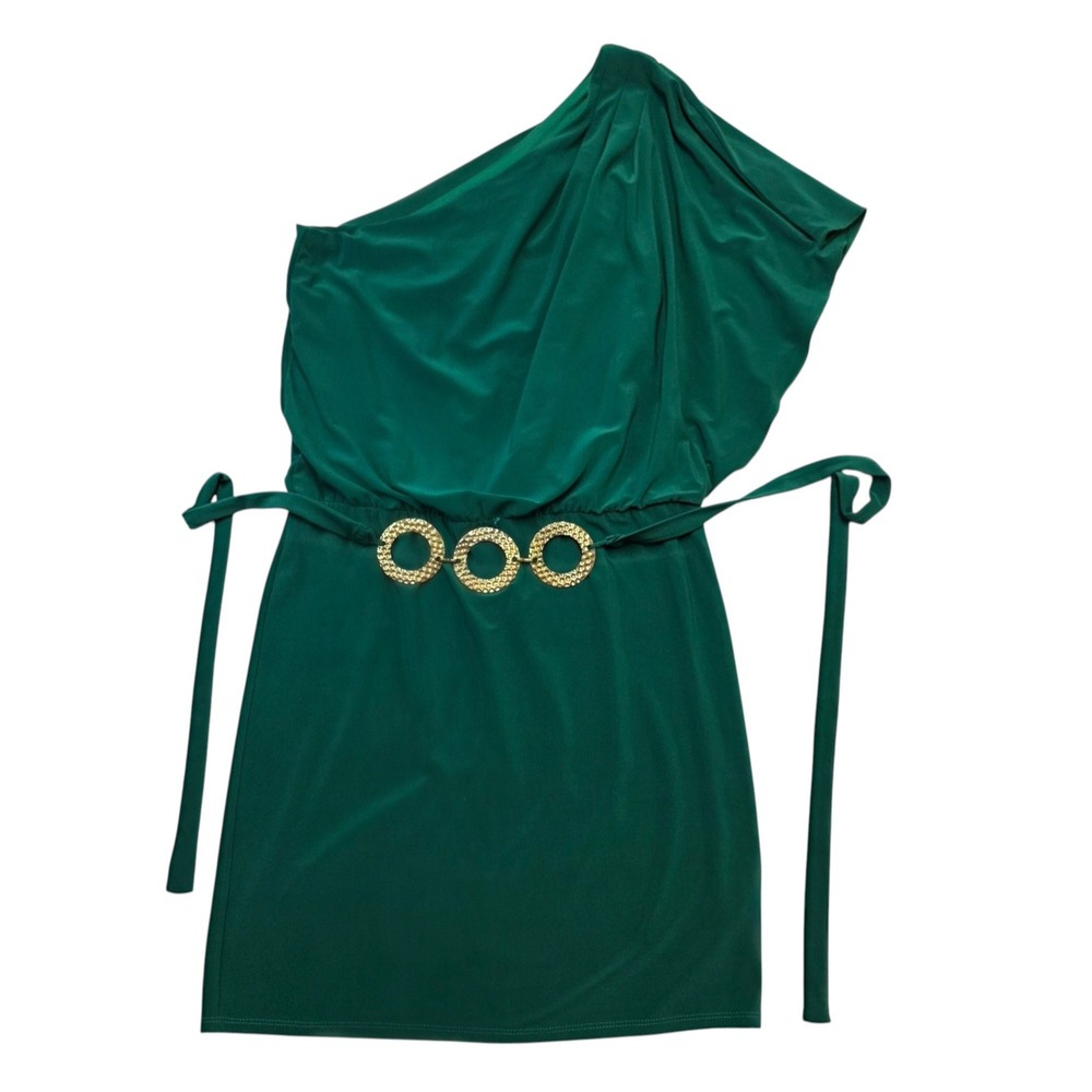 Visstes Emerald Green One Shoulder Dress Gold Ring Belt Size M - Picture 1 of 8